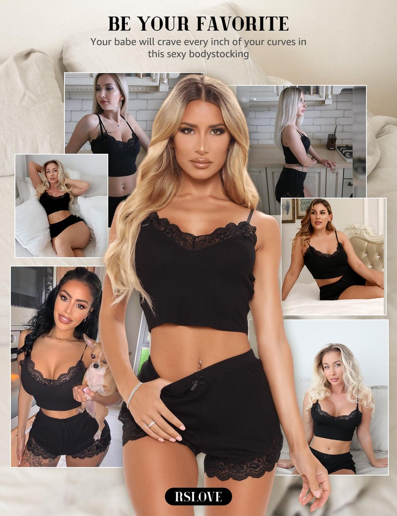 RSLOVE Women Plus Size Lingerie Pajamas Set Sleeveless Sleepwear PJ Set Lace Cami Short Set Black XXL - Image 2